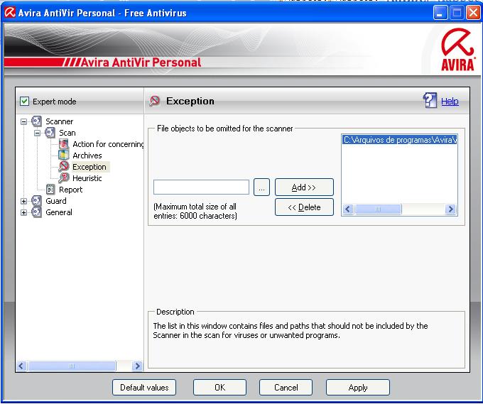 Configurar exceção no Personal Avira Antivir